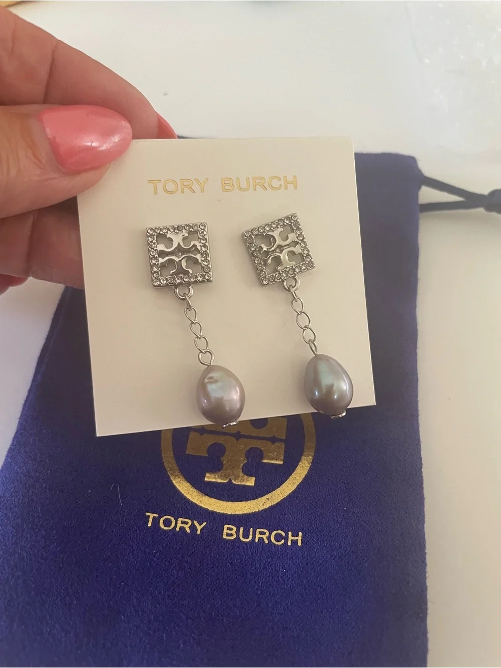 Tory Burch Silver Chain Drop Earrings with Gray Pearls